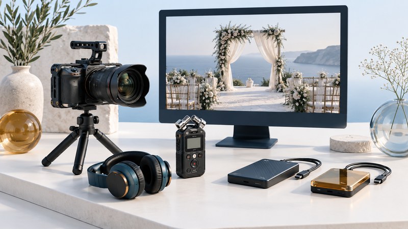 A camera, audio recorder, headphones and two drives beside a monitor showing a ceremony arch.