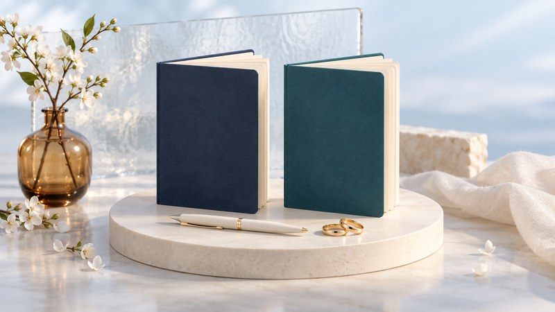 Matching navy and teal vow books with blank pages beside a pen and two wedding rings.