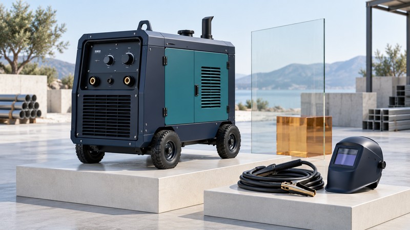 Conceptual engine-driven welder generator with disconnected leads and a welding helmet in an open workyard