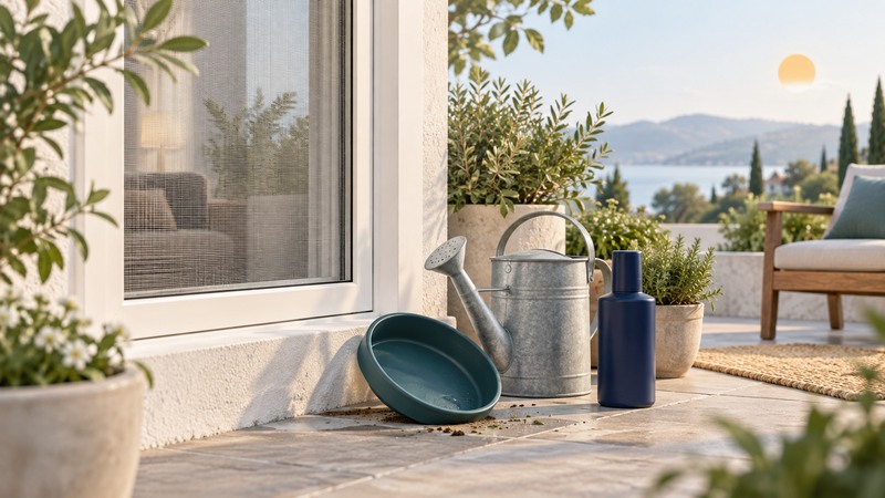 A screened window, empty tilted plant saucer, watering can, and repellent bottle suggest household mosquito prevention.