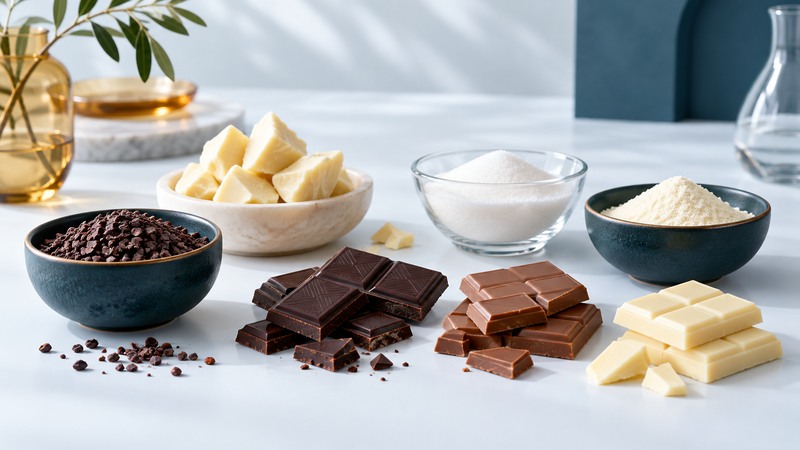 Cacao nibs, cocoa butter, sugar and milk powder arranged beside dark, milk and white chocolate.