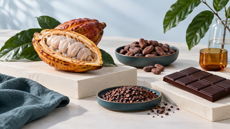 An opened cacao pod with pale pulp-covered seeds beside dried beans, nibs and a dark chocolate bar.