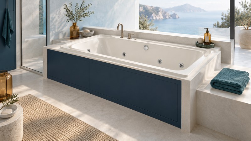 An ivory whirlpool bath with inset jets and a navy apron panel beside folded teal towels.