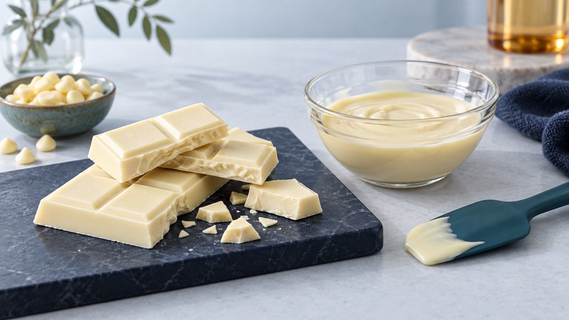 Ivory white-chocolate pieces beside a bowl of melted white chocolate and a teal spatula.