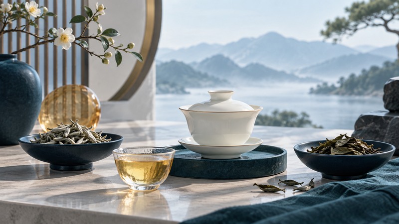 An ivory gaiwan, a cup of pale tea and separate dishes of buds and leaves.