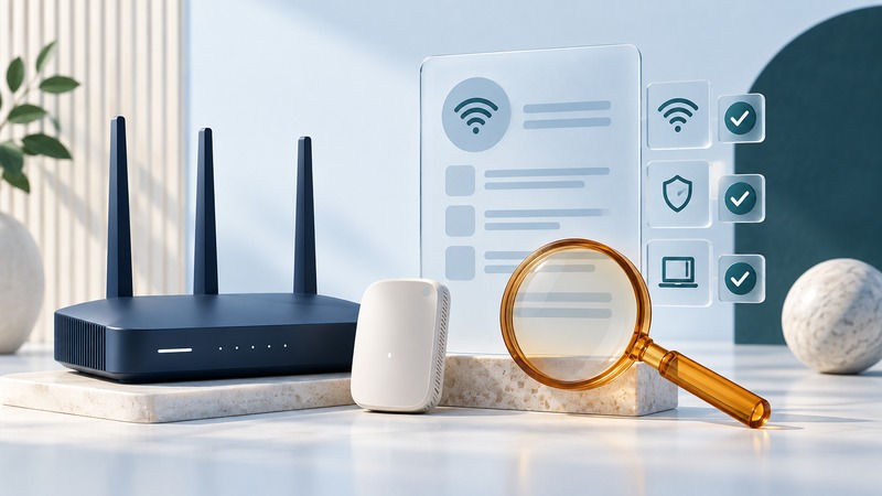 A navy router and ivory device stand beside an abstract glass certification record, feature tiles and an amber magnifying glass.