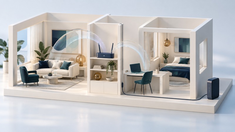 A cutaway ivory apartment contains a navy router, separate modem and laptop beneath conceptual glass connectivity arcs.