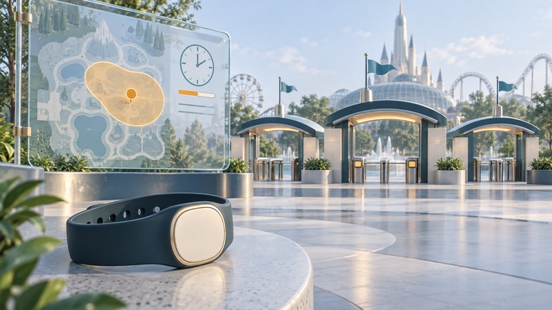 A wristband tag sits before a conceptual theme-park map with an amber position region and clock.