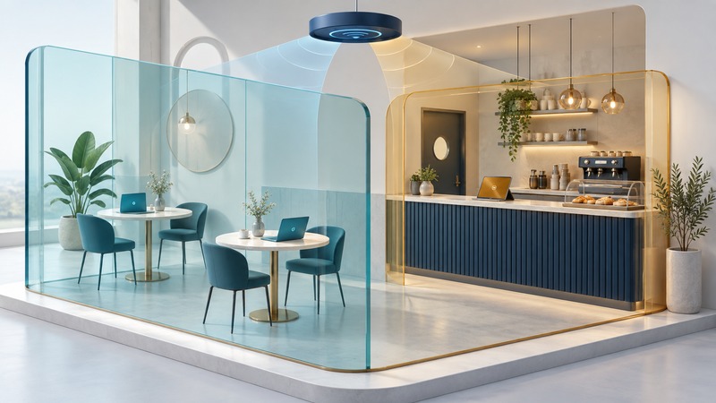 A miniature cafe separates teal guest laptops from a staff counter with contrasting glass network zones.