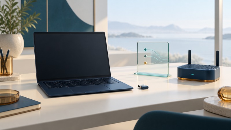 A navy laptop and USB wireless adapter sit beside a router and a glass diagnostic panel.
