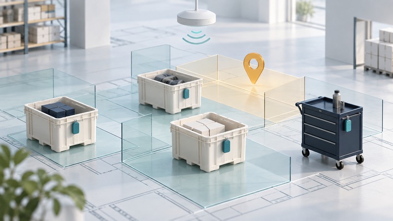 Tagged ivory storage bins and a navy cart occupy glass floor-plan zones beneath an access point and amber location marker.