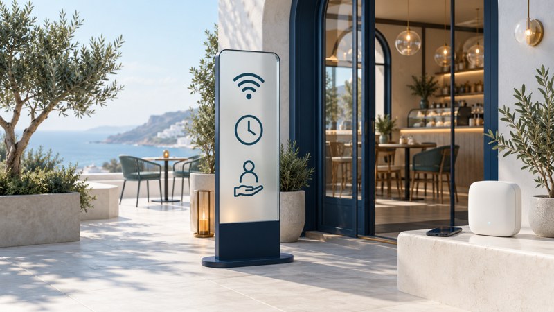 A cafe entrance has a freestanding sign with Wi-Fi, clock and help pictograms beside a compact access point.