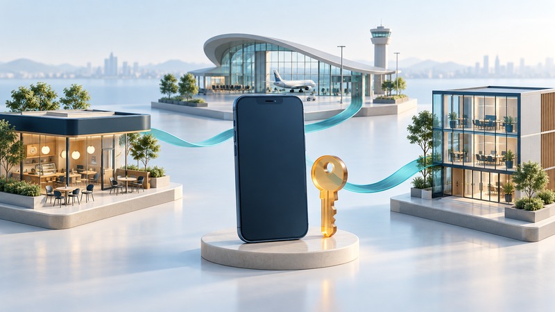 A phone and amber credential key stand between miniature cafe, airport and office networks.