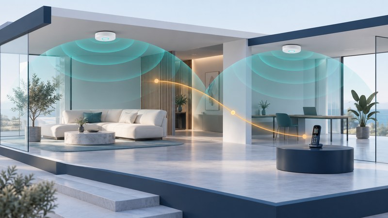 Two ceiling access points cast conceptual teal coverage shapes across a room with a cordless phone.