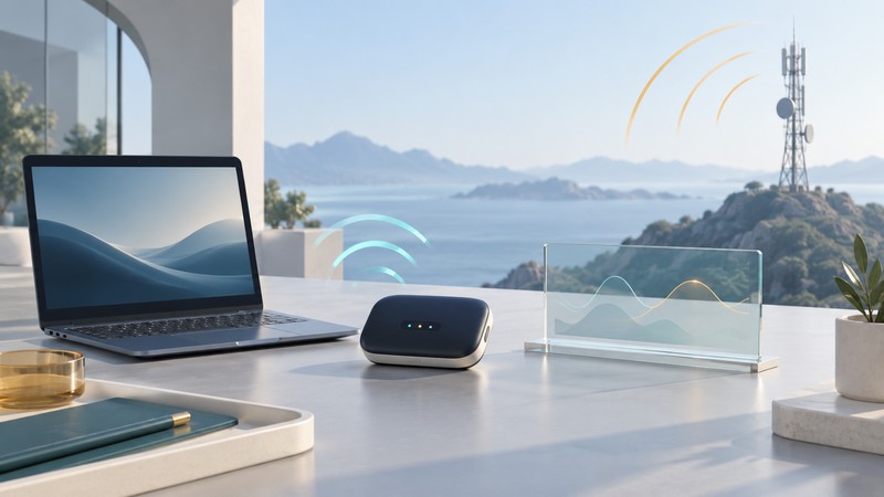 A conceptual portable hotspot sits between a laptop, measurement panel and radio tower.