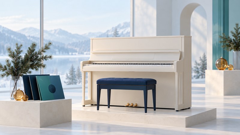 An ivory piano and navy bench stand beside unmarked record sleeves, evergreen branches and amber glass ornaments.