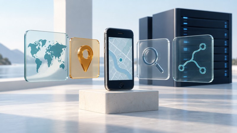 An early touchscreen phone stands among glass map, location, search and route tiles with a server behind.