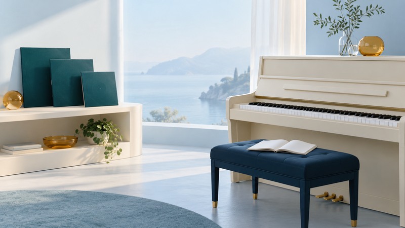 Ivory upright piano and navy bench beside teal record sleeves and a blank open booklet.