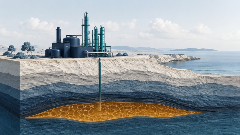 A conceptual industrial capture plant connects through a well to an amber-highlighted deep porous rock layer beneath a darker caprock.