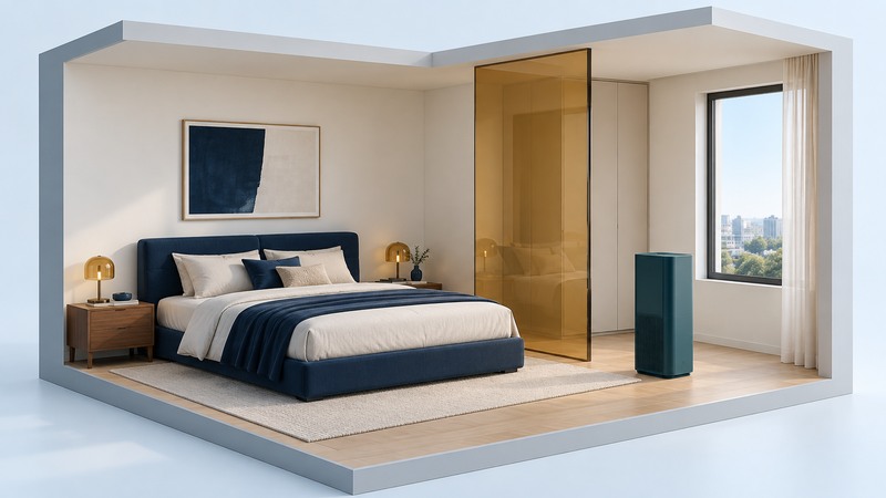 An ivory bedroom model contains a navy bed, a teal portable air cleaner and a translucent amber panel representing room volume.