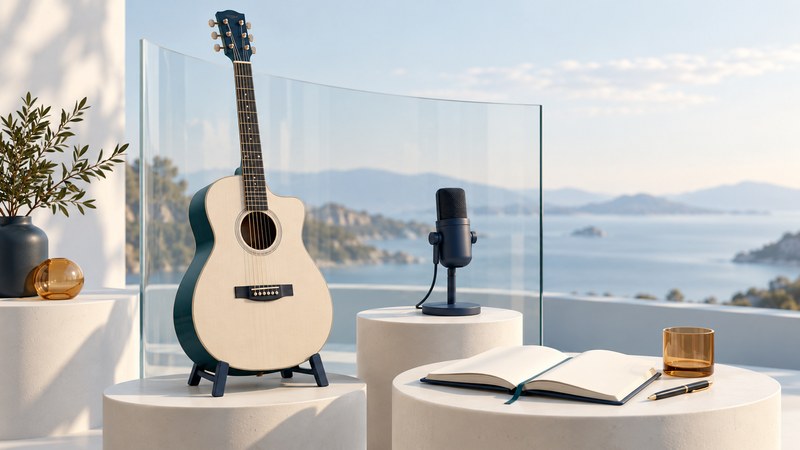 An ivory acoustic guitar, navy microphone and open blank notebook sit on pale platforms beside a curved glass panel.