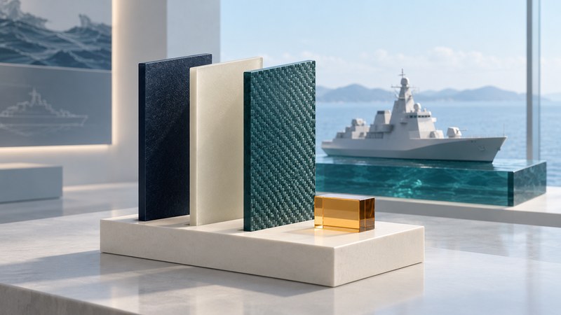 Three conceptual composite sample panels on an ivory display stand with a faceted ship model behind them.