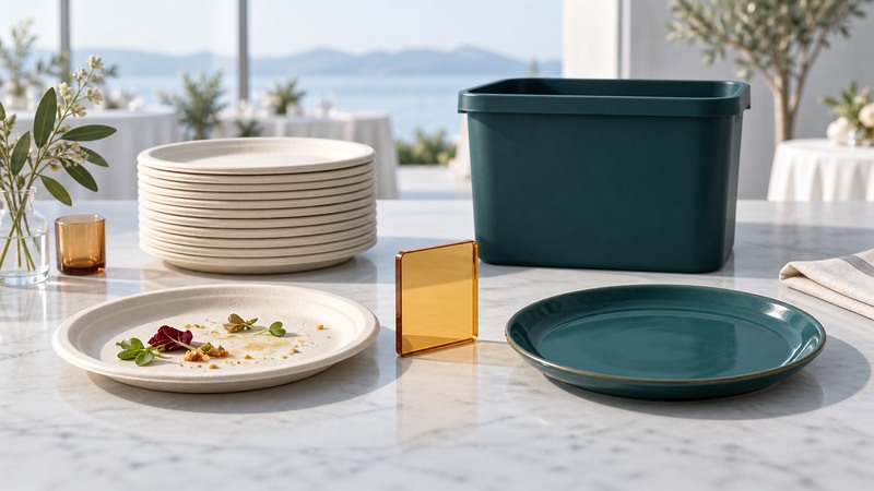 Molded-fiber plates and a reusable teal plate sit beside an organics container and an amber decision tile.