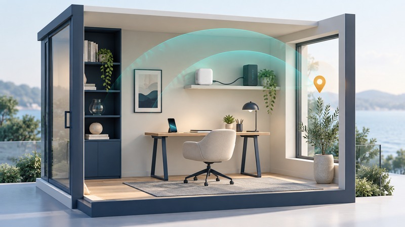 A cutaway home office contains a phone, carrier small cell and broadband gateway under a conceptual coverage arch.