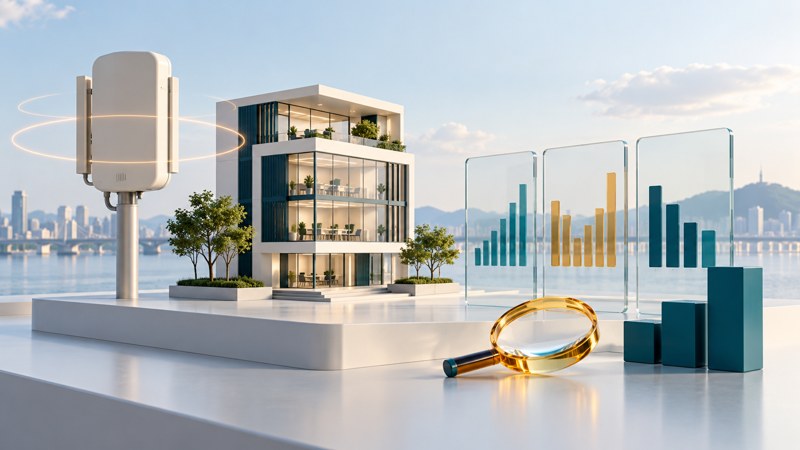 A small cellular unit and office building stand beside glass charts, blocks and an amber magnifying glass.