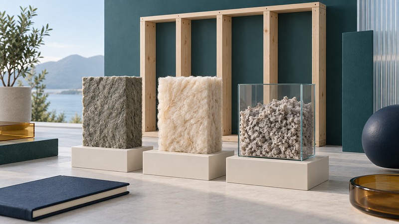 Stone wool and natural-fiber insulation samples stand beside cellulose in a glass container and an empty wall frame.