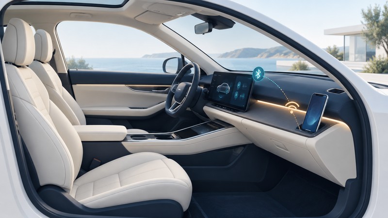 A parked car interior contains a dashboard display and phone with conceptual Bluetooth and Wi-Fi connection symbols.