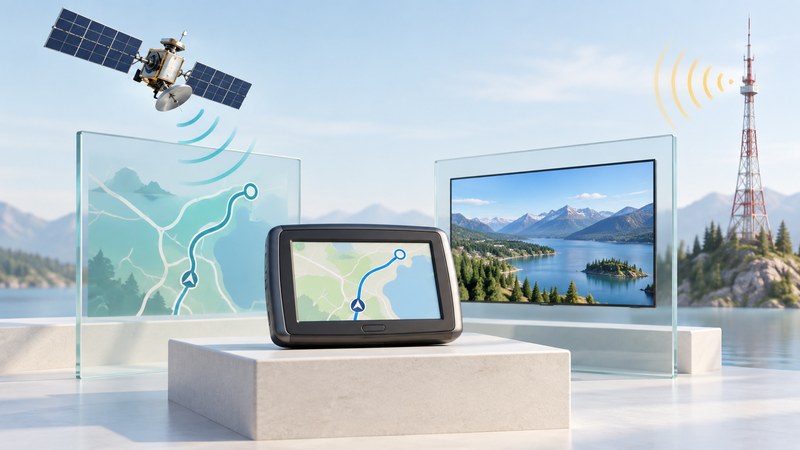 A portable navigator sits between map and television panels, with a satellite model and broadcast tower.