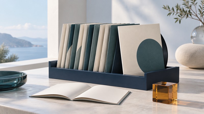 Unmarked record sleeves and an open notebook on a sculptural navy and ivory shelf.