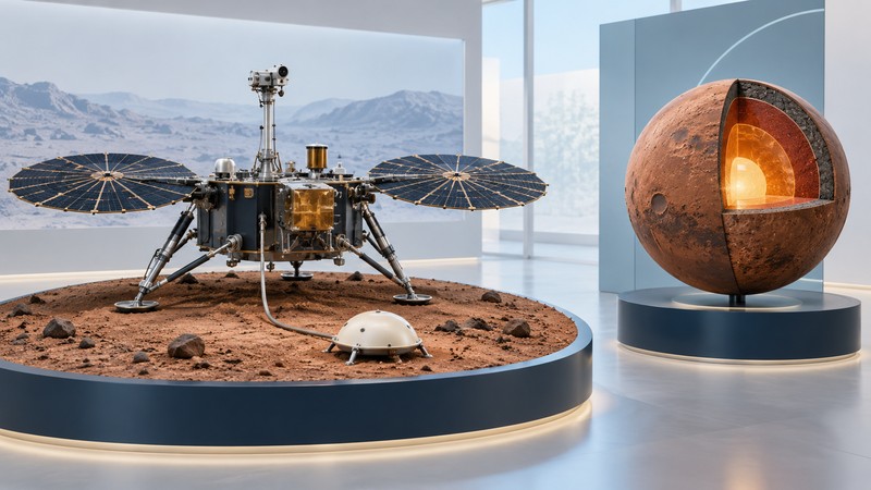 Conceptual museum models of a stationary lander, ground seismometer and layered Mars interior.