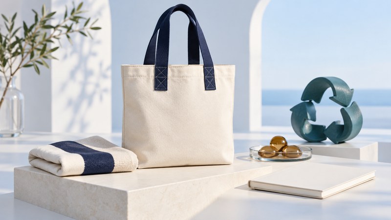 A plain ivory tote with navy handles stands beside a textile sample, blank ledger and glass tokens.