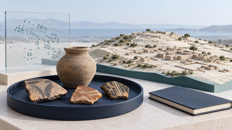 Pottery sherds and a jar on a navy tray beside a conceptual settlement model and glass survey panel.