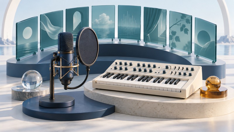 Navy microphone and pop filter beside an ivory synthesizer and an arc of translucent teal panels.