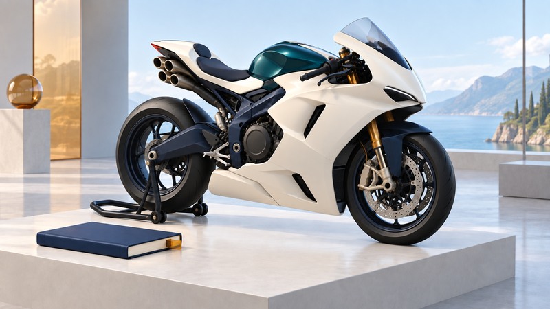 An ivory and teal superbike on a paddock stand beside an inspection notebook.