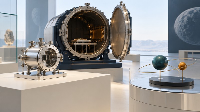 Conceptual vacuum enclosure and test chamber beside a model of planetary geometry.