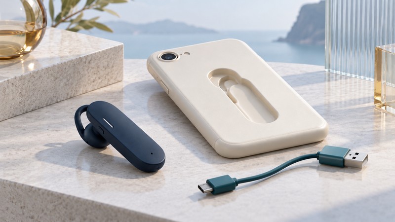 A flat navy earpiece lies beside an ivory phone case with a recessed cradle and a separate teal charging cable.