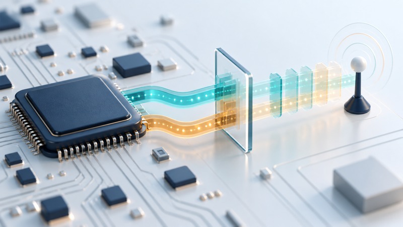 A wireless chip has teal and amber paths leading through a glass scheduling gate toward an antenna.