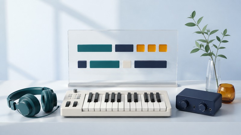 Ivory MIDI keyboard, navy audio interface, teal headphones, and translucent arrangement blocks on a pale desk.