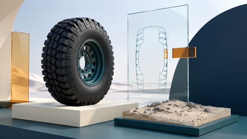 A large off-road tire and teal wheel stand beside a sand-and-stone terrain sample and a glass tire outline.