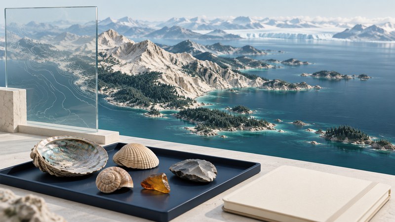 Shells and a stone flake on a navy tray beside a conceptual coastal landscape and glass contour panel.