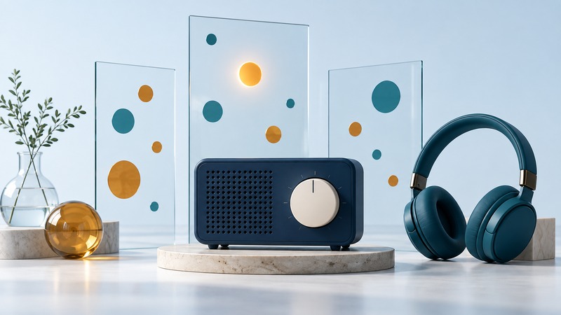 Navy radio and teal headphones in front of glass panels with colored selection dots.
