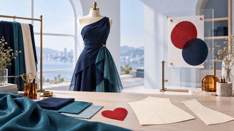 A navy dress, fabric swatches and a red heart patch sit beside an abstract color moodboard.