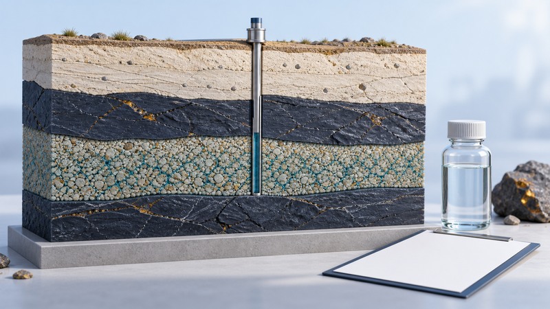 A conceptual deep aquifer and borehole are shown beside a sealed water sample bottle and a blank laboratory sheet.
