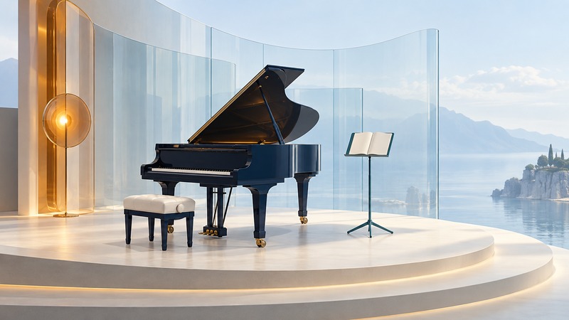 A navy grand piano, bench, and music stand on an ivory stage.
