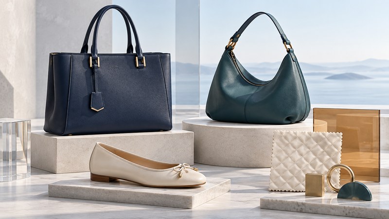 A navy tote, teal hobo bag and ivory ballet flat are arranged with quilted fabric and hardware samples.
