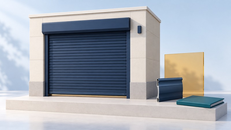 A navy rolling steel door in an ivory facade model beside a slat sample, teal binder and amber panel.